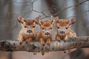 ai generato cervo bambino gruppo di animali sospeso su su un' ramo, carino, sorridente, adorabile foto