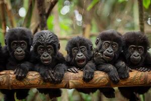 ai generato gorilla bambino gruppo di animali sospeso su su un' ramo, carino, sorridente, adorabile foto