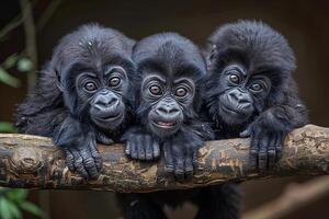 ai generato gorilla bambino gruppo di animali sospeso su su un' ramo, carino, sorridente, adorabile foto