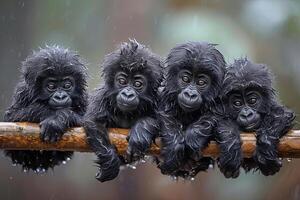 ai generato gorilla bambino gruppo di animali sospeso su su un' ramo, carino, sorridente, adorabile foto