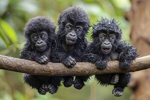 ai generato gorilla bambino gruppo di animali sospeso su su un' ramo, carino, sorridente, adorabile foto