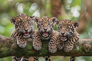 ai generato giaguaro bambino gruppo di animali sospeso su su un' ramo, carino, sorridente, adorabile foto