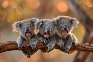 ai generato koala bambino gruppo di animali sospeso su su un' ramo, carino, sorridente, adorabile foto