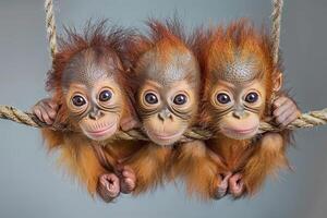 ai generato orang utan scimmia bambino gruppo di animali sospeso su su un' ramo, carino, sorridente, adorabile foto