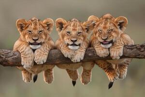 ai generato Leone bambino gruppo di animali sospeso su su un' ramo, carino, sorridente, adorabile foto