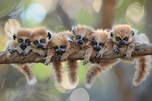 ai generato lemure bambino gruppo di animali sospeso su su un' ramo, carino, sorridente, adorabile foto