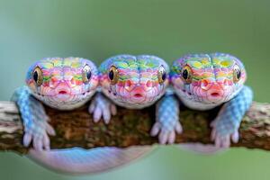 ai generato serpente bambino gruppo di animali sospeso su su un' ramo, carino, sorridente, adorabile foto