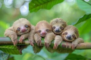 ai generato bradipo bambino gruppo di animali sospeso su su un' ramo, carino, sorridente, adorabile foto