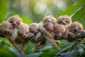 ai generato bradipo bambino gruppo di animali sospeso su su un' ramo, carino, sorridente, adorabile foto