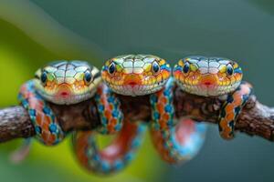 ai generato serpente bambino gruppo di animali sospeso su su un' ramo, carino, sorridente, adorabile foto