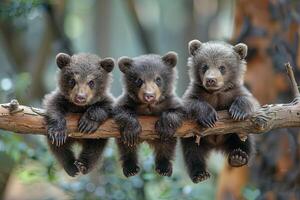 ai generato orso bambino gruppo di animali sospeso su su un' ramo, carino, sorridente, adorabile foto