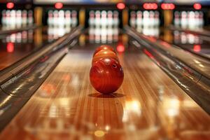 ai generato bowling vicolo con Due palle, spille, e gli sport attrezzatura foto