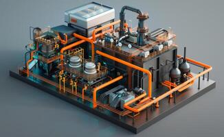 ai generato un' 3d modello raffigurante un ingegneria fabbrica con tubi e macchinari foto