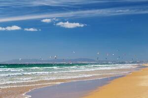kiteboarding kitesurf kiteboarder kitesurfer aquiloni su il oceano spiaggia foto