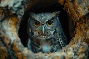 ai generato eurasiatico scops gufo otus scops seduta nel un' cavo albero foto