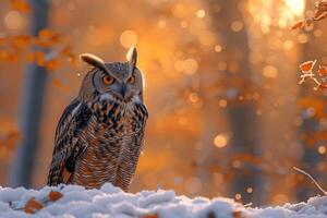 ai generato eurasiatico aquila gufo bubo bubo nel il foresta nel inverno foto