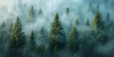 ai generato nebbioso mattina nel il conifero foresta. panorama. foto