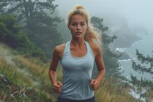 ai generato pista in esecuzione. giovane donna jogging su montagna pista nel nebbioso mattina. salutare stile di vita e fitness concetto. foto