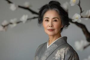 ai generato ritratto di un' bellissimo asiatico adulto donna nel tradizionale giapponese chimono foto