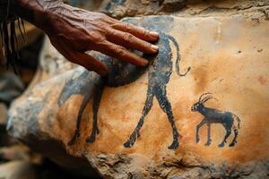 ai generato grotta la pittura, il mano di un indigeno persona tocchi un antico pietra con animali raffigurato su esso foto