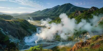 ai generato superiore Visualizza di vulcanico valle con geyser e termico flussi foto