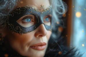 ai generato un' bellissimo anziano donna nel un' misterioso veneziano maschera foto