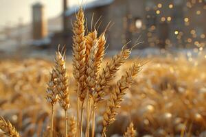 ai generato orecchie di d'oro Grano nel avvicinamento. bellissimo naturale paesaggio a tramonto. un' campo con Grano foto