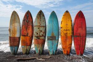 ai generato un' impostato di cenare tavole su il sfondo di il mare. attivo tempo libero foto