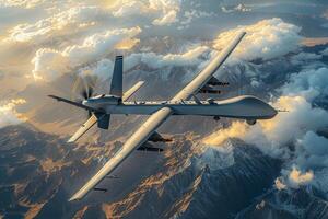 ai generato un' militare senza equipaggio aereo veicolo UAV pattuglie volante al di sopra di il nuvole foto