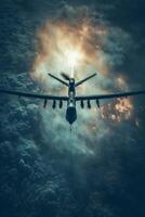 ai generato un' militare senza equipaggio aereo veicolo UAV pattuglie volante al di sopra di il nuvole foto