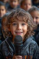 ai generato un' adolescenziale ragazzo canta un' canzone in un' microfono nel davanti di bambini foto