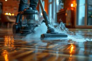 ai generato pulizia il parquet pavimento di il Casa con un' pulizia vuoto addetto alle pulizie foto