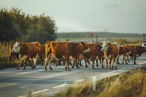 ai generato bestiame mandria attraversamento rurale strada foto