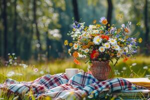 ai generato nazione picnic con fiori selvatici e libro foto
