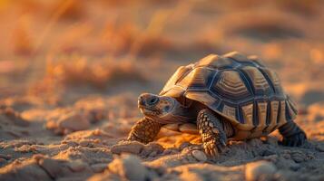 ai generato un' documentario foto di un adorabile tartaruga strisciando nel asciutto deserto, tartaruga nel deserto, generativo ai