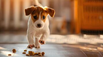 ai generato un' piccolo carino Jack russell cucciolo vicino un' ciotola di cibo. ai generato foto