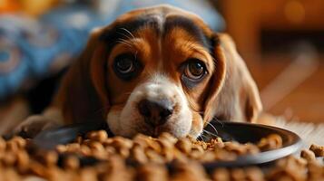 ai generato un' piccolo carino beagle cucciolo vicino un' ciotola di cibo. ai generato foto