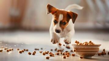 ai generato un' piccolo carino Jack russell cucciolo vicino un' ciotola di cibo. ai generato foto