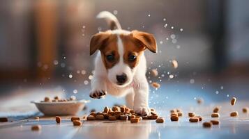 ai generato un' piccolo carino Jack russell cucciolo vicino un' ciotola di cibo. ai generato foto