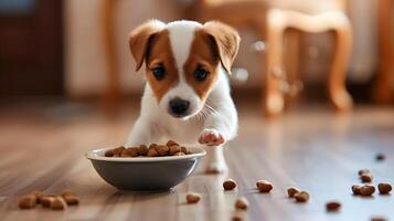 ai generato un' piccolo carino Jack russell cucciolo vicino un' ciotola di cibo. ai generato foto