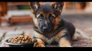 ai generato un' piccolo carino pastore cucciolo vicino un' ciotola di cibo. ai generato foto