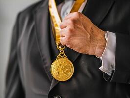 ai generato uomo d'affari Tenere un' oro medaglia nel nero completo da uomo. foto