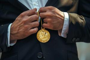ai generato uomo d'affari Tenere un' oro medaglia nel nero completo da uomo. foto