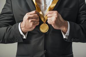 ai generato uomo d'affari Tenere un' oro medaglia nel nero completo da uomo. foto