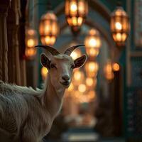 ai generato bellissimo islamico lanterna con capra sfondo per design eid al adha sacrificio saluto carta foto