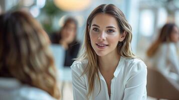 ai generato giovane attività commerciale donna parlando con un' collega nel sua ufficio foto