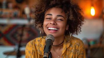 ai generato donna cantando nel un' studio per Radio foto