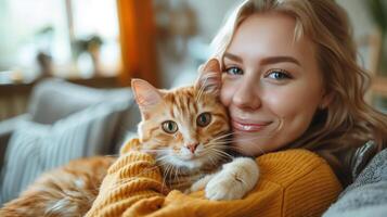 ai generato donna abbracciare gatto su divano nel vivente camera foto