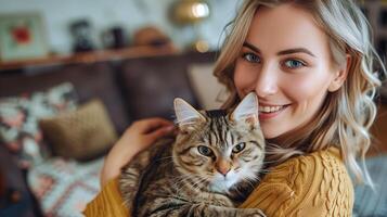 ai generato donna abbracciare gatto su divano nel vivente camera foto