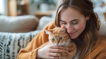 ai generato donna abbracciare gatto su divano nel vivente camera foto